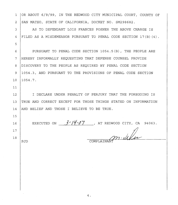 Complaint against Lois Posner for theft